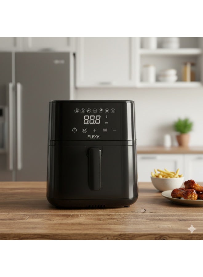 فليكسي مقلاة هوائية رقمية فليكسي سعة 5 لترات، 1500 واط، 7 وظائف في جهاز واحد، تسخين بزاوية 360 درجة، طهي بدون زيت، لوحة تحكم تعمل باللمس، إعدادات مسبقة، نافذة عرض، موفرة للطاقة، ضمان لمدة عامين - Image 3